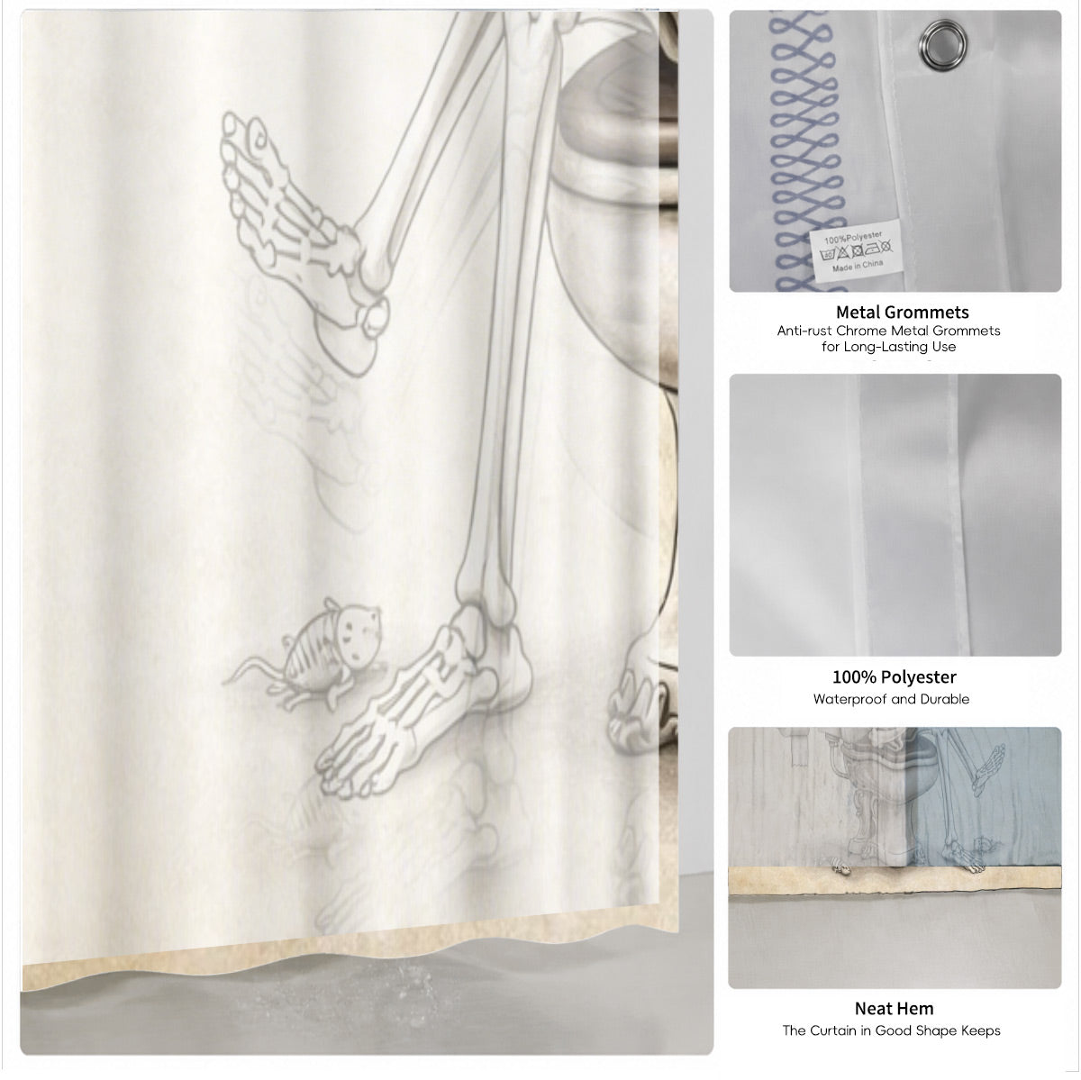 Quirky Vintage Skeleton Shower Curtain Gothic Humor Waterproof Bath Decor