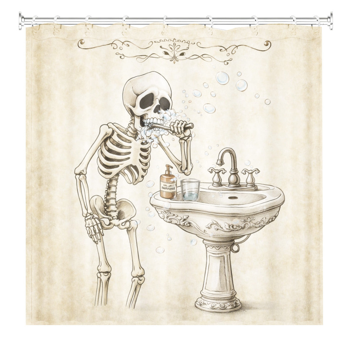 Quirky Vintage Skeleton Shower Curtain Gothic Humor Waterproof Bath Decor
