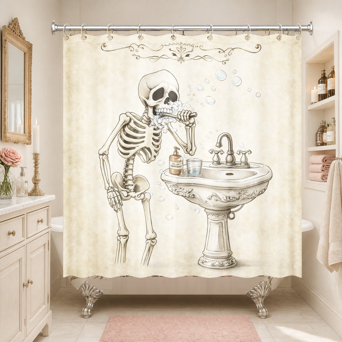 Quirky Vintage Skeleton Shower Curtain Gothic Humor Waterproof Bath Decor