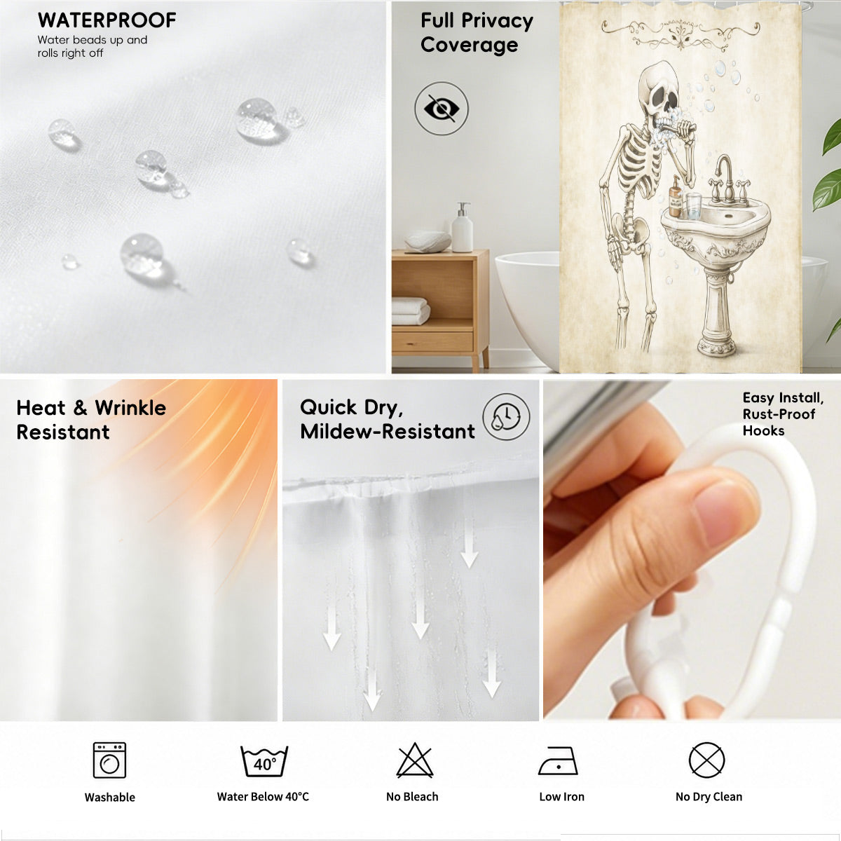 Quirky Vintage Skeleton Shower Curtain Gothic Humor Waterproof Bath Decor