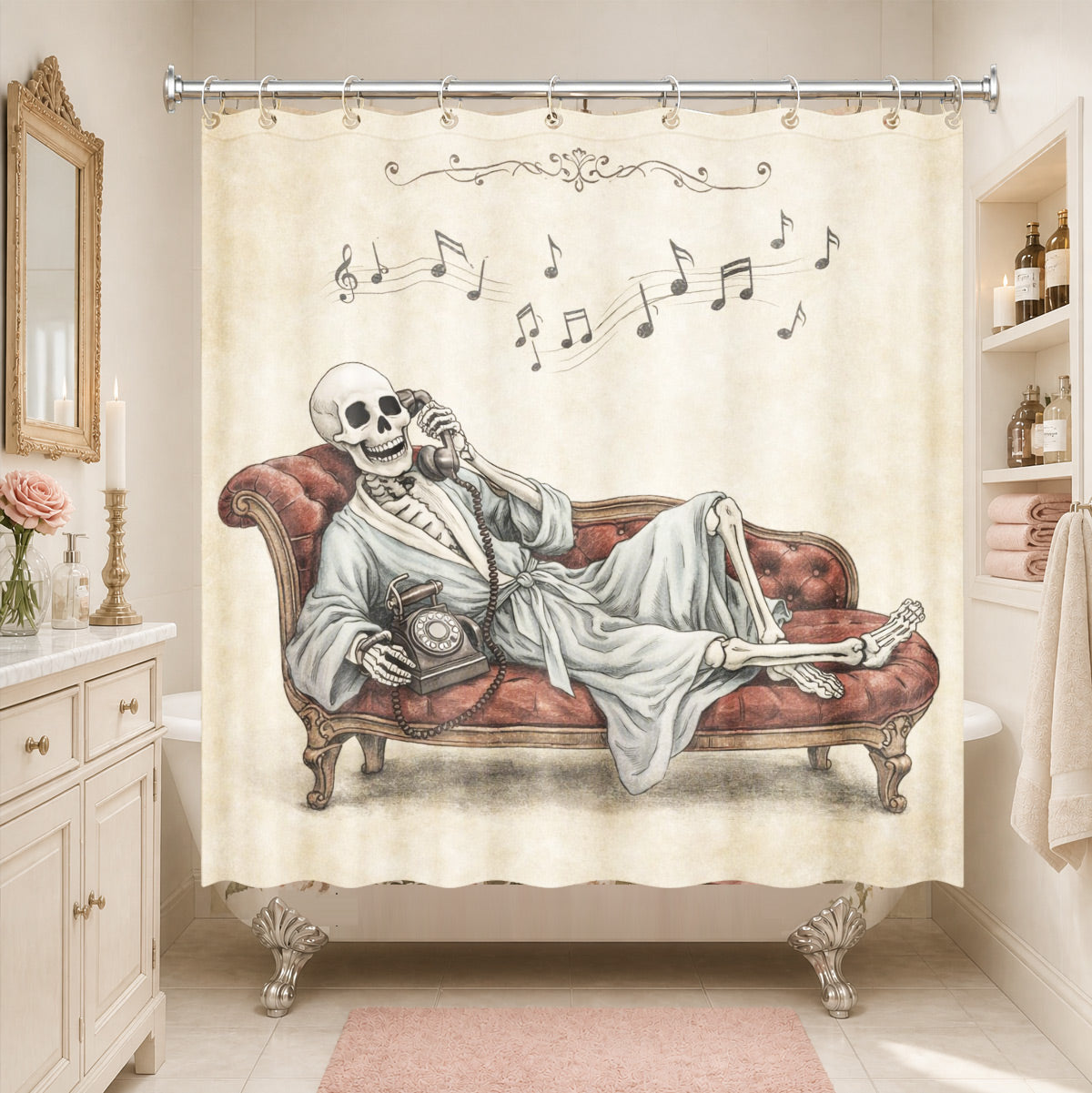 Quirky Vintage Skeleton Shower Curtain Gothic Humor Waterproof Bath Decor