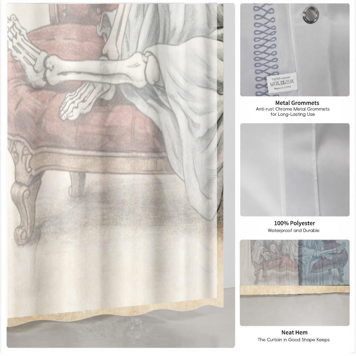 Quirky Vintage Skeleton Shower Curtain Gothic Humor Waterproof Bath Decor