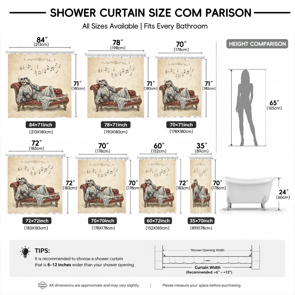 Quirky Vintage Skeleton Shower Curtain Gothic Humor Waterproof Bath Decor