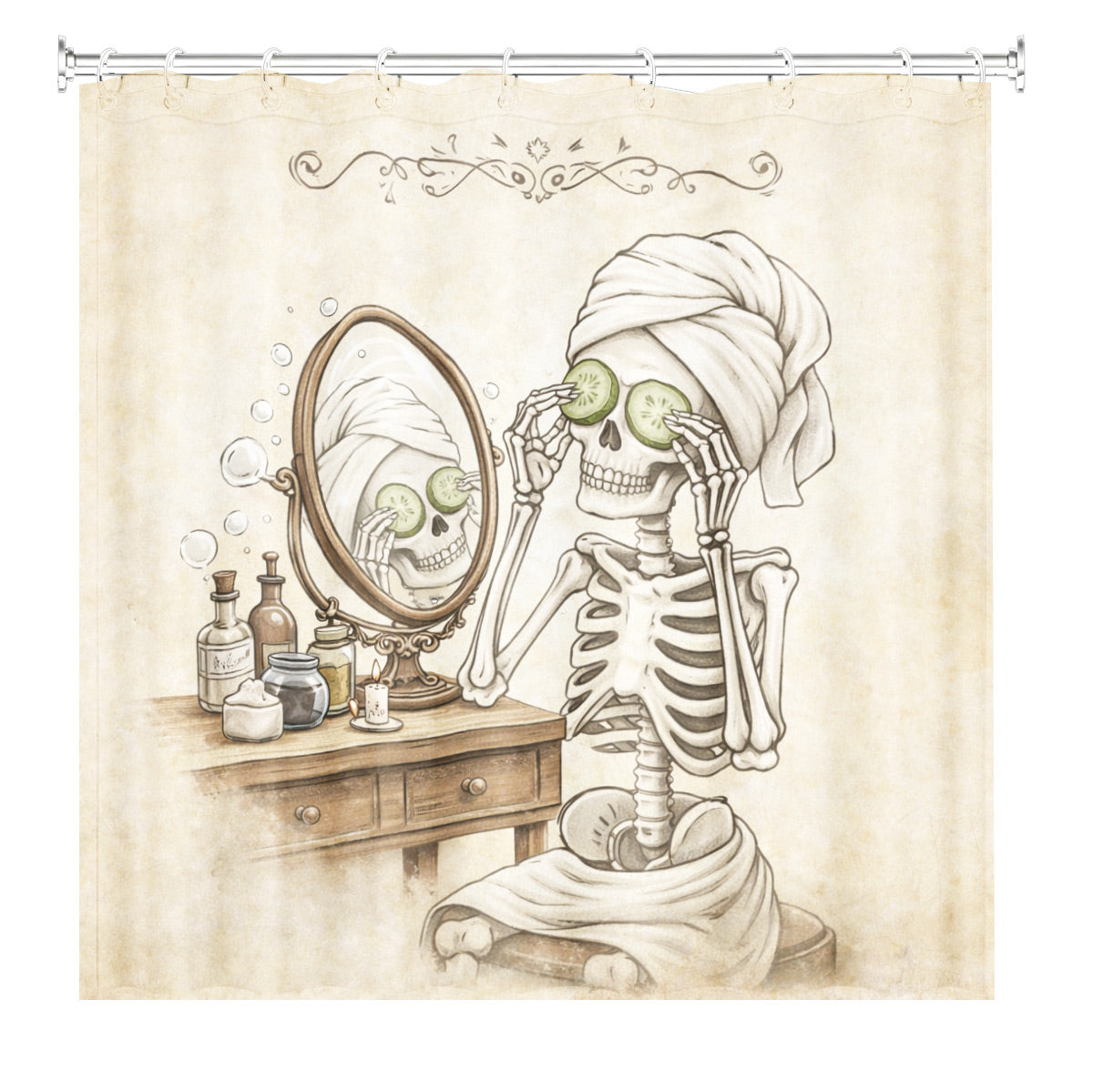 Quirky Vintage Skeleton Shower Curtain Gothic Humor Waterproof Bath Decor