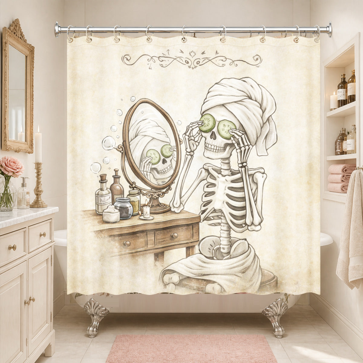Quirky Vintage Skeleton Shower Curtain Gothic Humor Waterproof Bath Decor