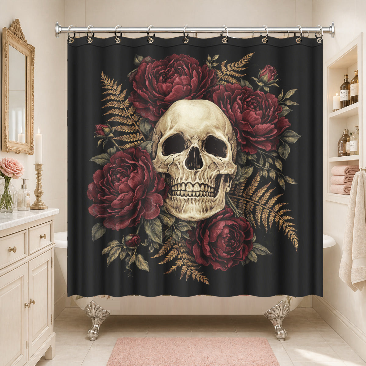 Vintage Skull Rose Shower Curtain Gothic Dark Academia Waterproof Decor