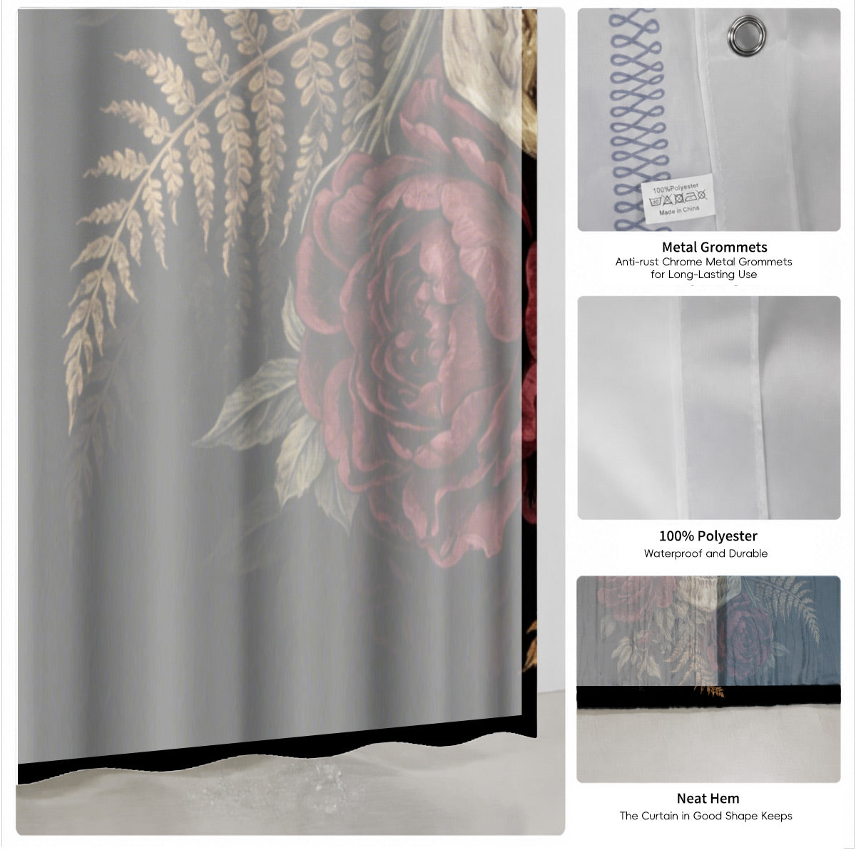 Vintage Skull Rose Shower Curtain Gothic Dark Academia Waterproof Decor
