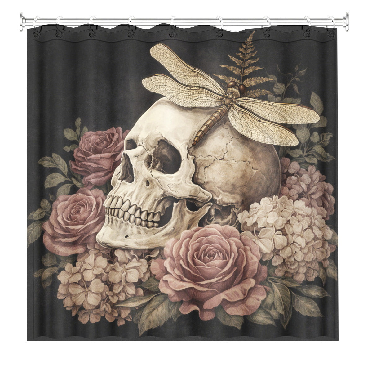 Vintage Skull Rose Shower Curtain Gothic Dark Academia Waterproof Decor