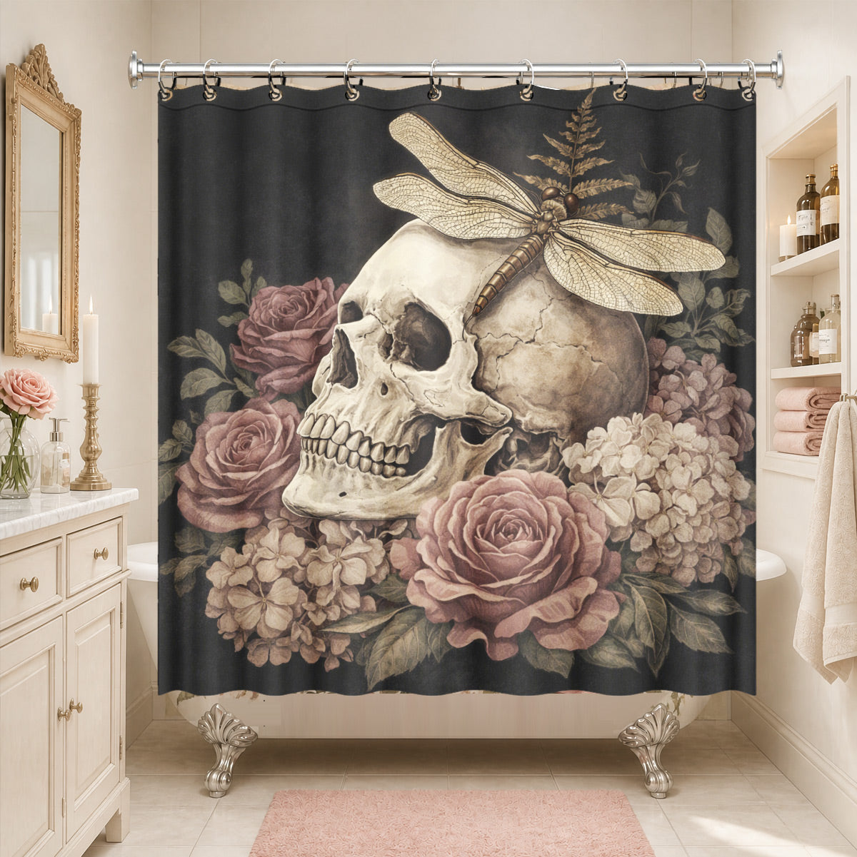 Vintage Skull Rose Shower Curtain Gothic Dark Academia Waterproof Decor