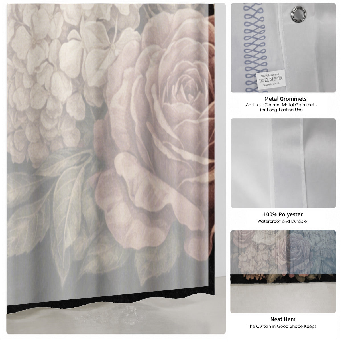 Vintage Skull Rose Shower Curtain Gothic Dark Academia Waterproof Decor