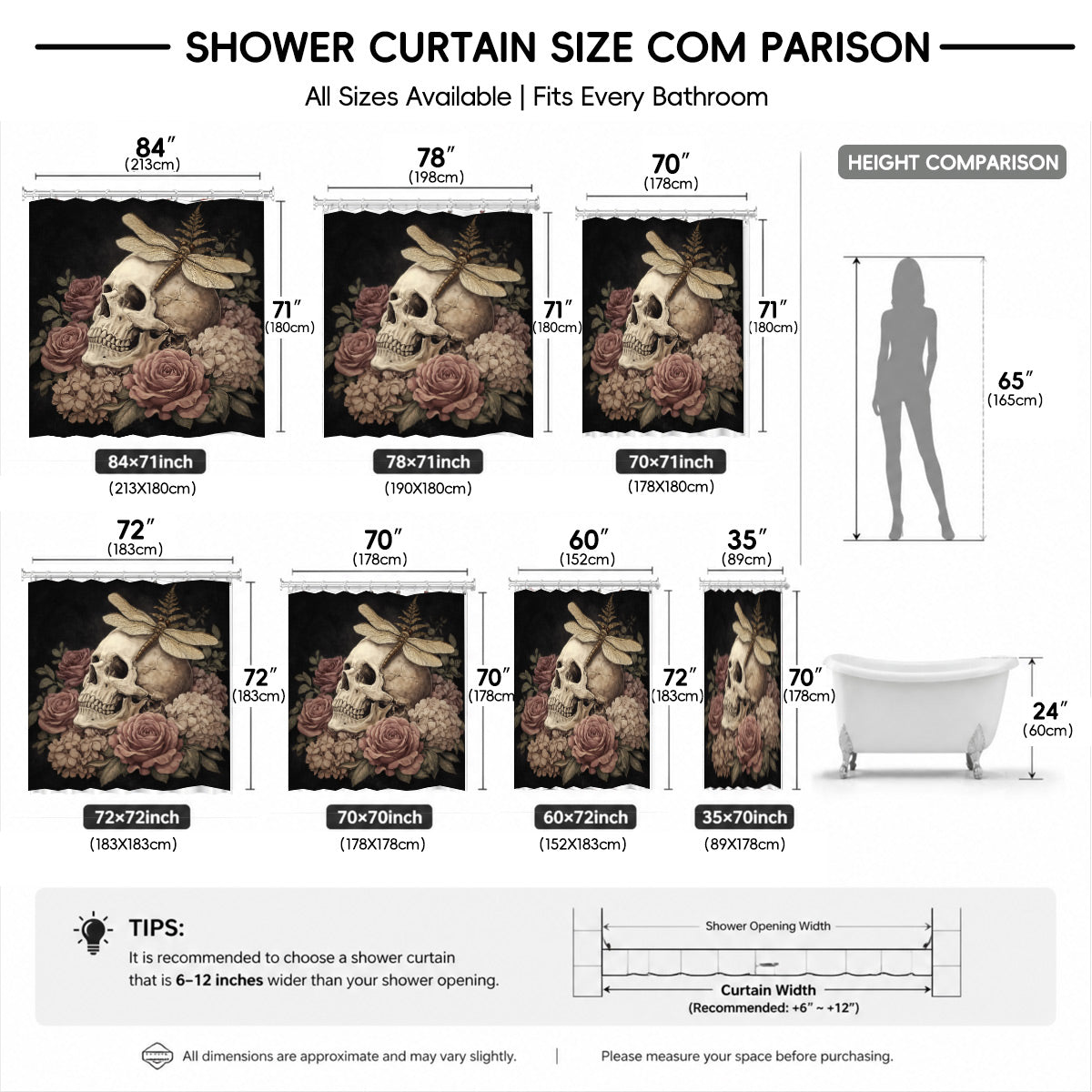 Vintage Skull Rose Shower Curtain Gothic Dark Academia Waterproof Decor