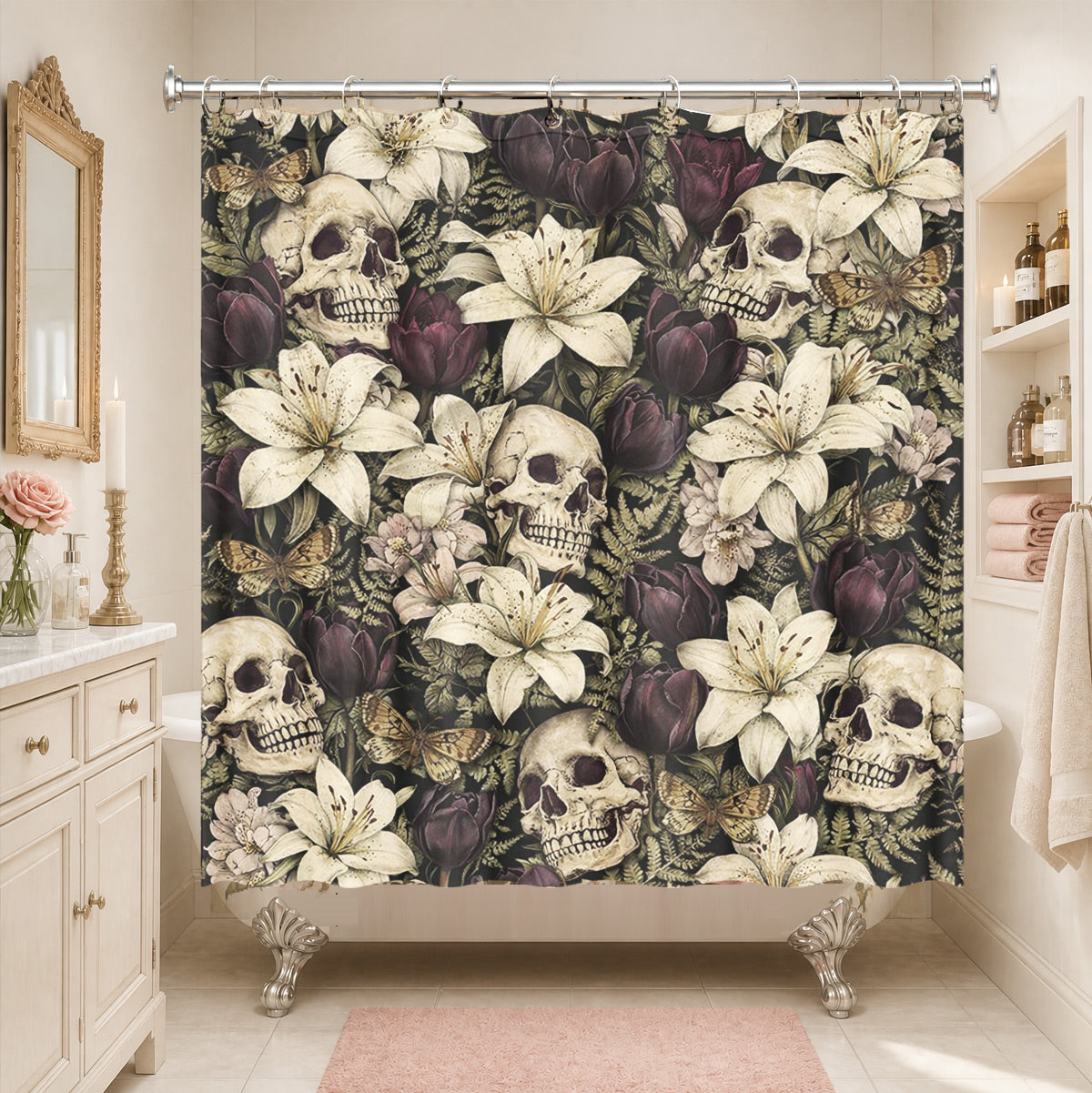 Vintage Skull Rose Shower Curtain Gothic Dark Academia Waterproof Decor
