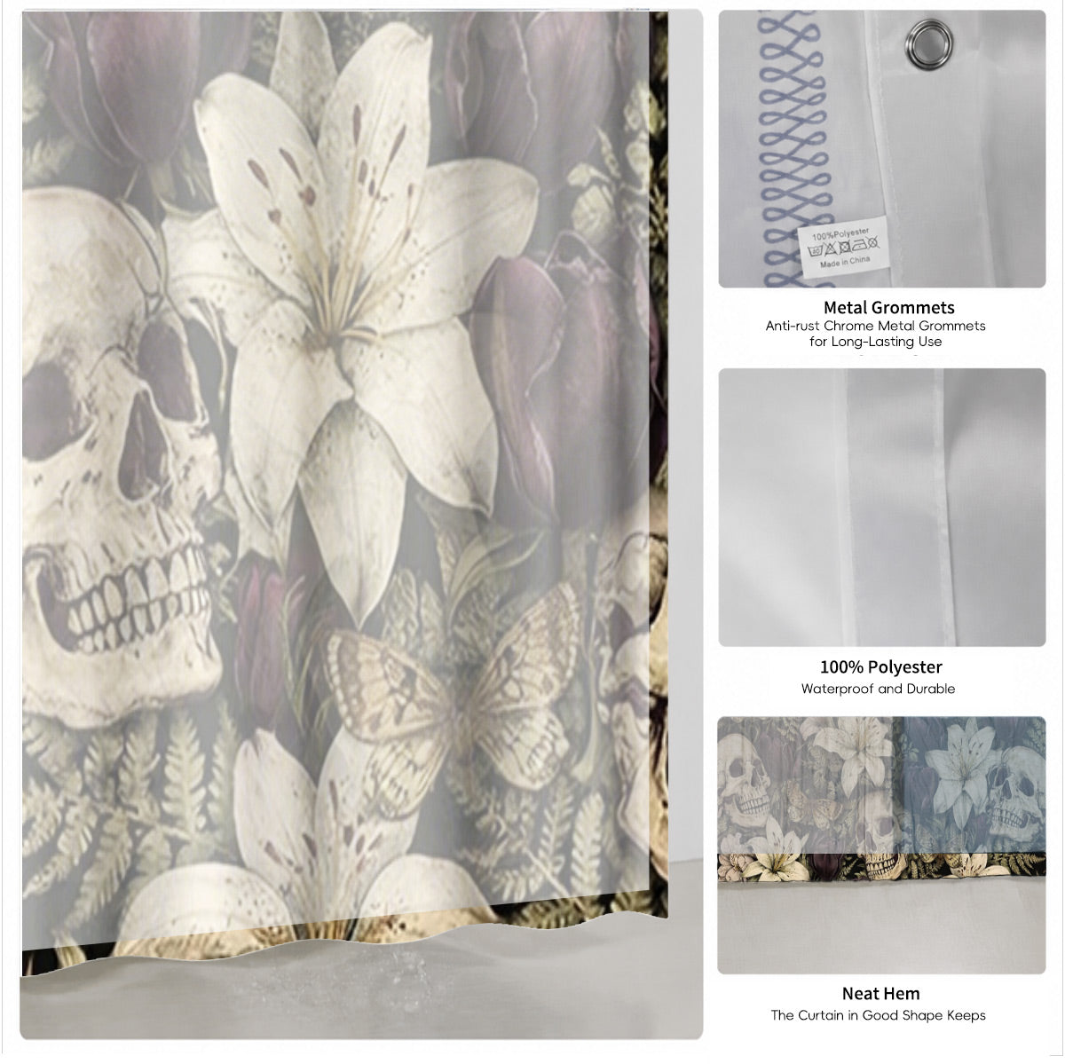 Vintage Skull Rose Shower Curtain Gothic Dark Academia Waterproof Decor
