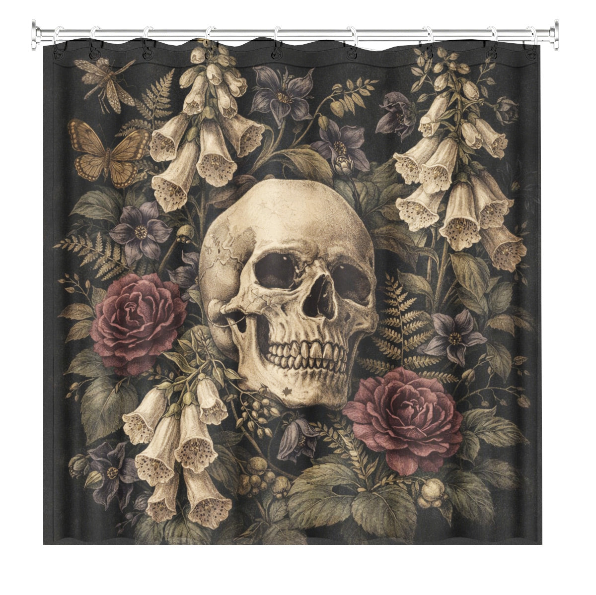 Vintage Skull Rose Shower Curtain Gothic Dark Academia Waterproof Decor