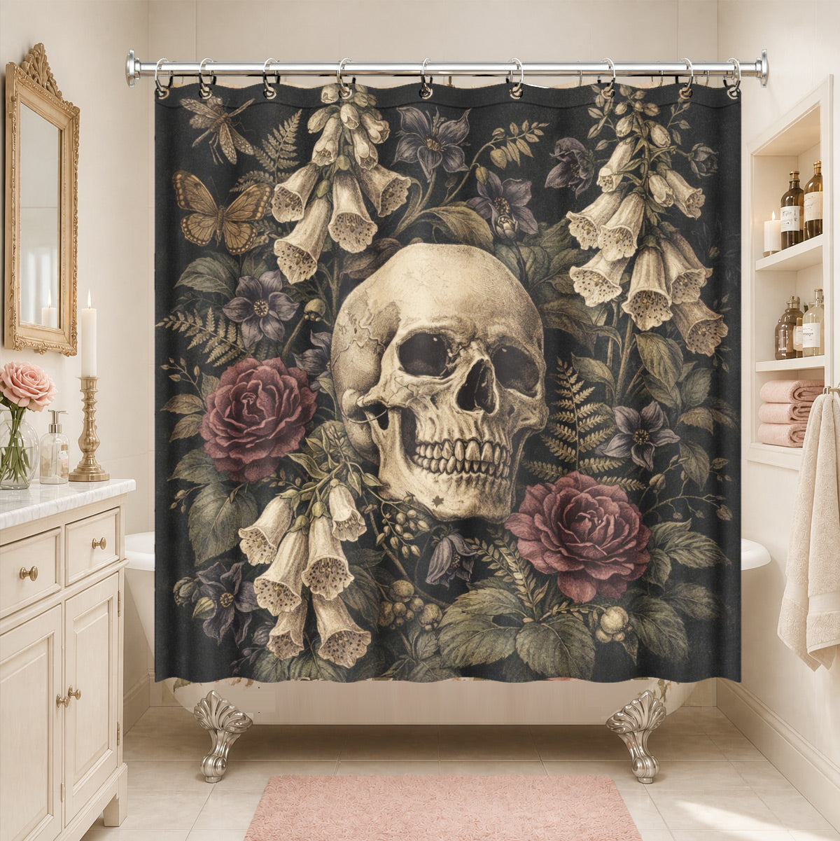 Vintage Skull Rose Shower Curtain Gothic Dark Academia Waterproof Decor