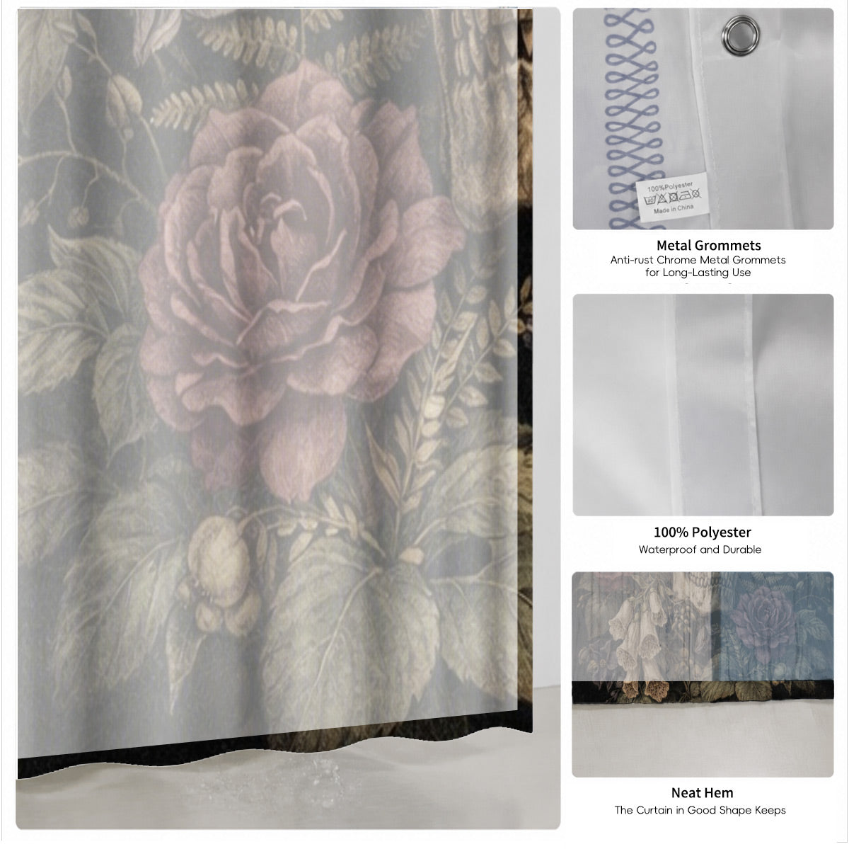 Vintage Skull Rose Shower Curtain Gothic Dark Academia Waterproof Decor