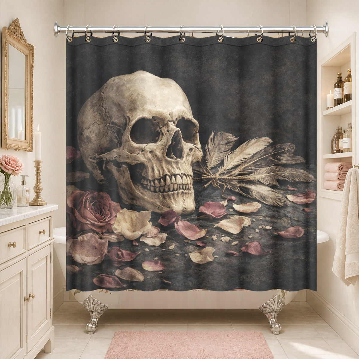 Vintage Skull Rose Shower Curtain Gothic Dark Academia Waterproof Decor