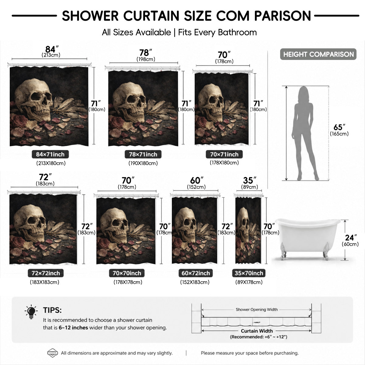 Vintage Skull Rose Shower Curtain Gothic Dark Academia Waterproof Decor