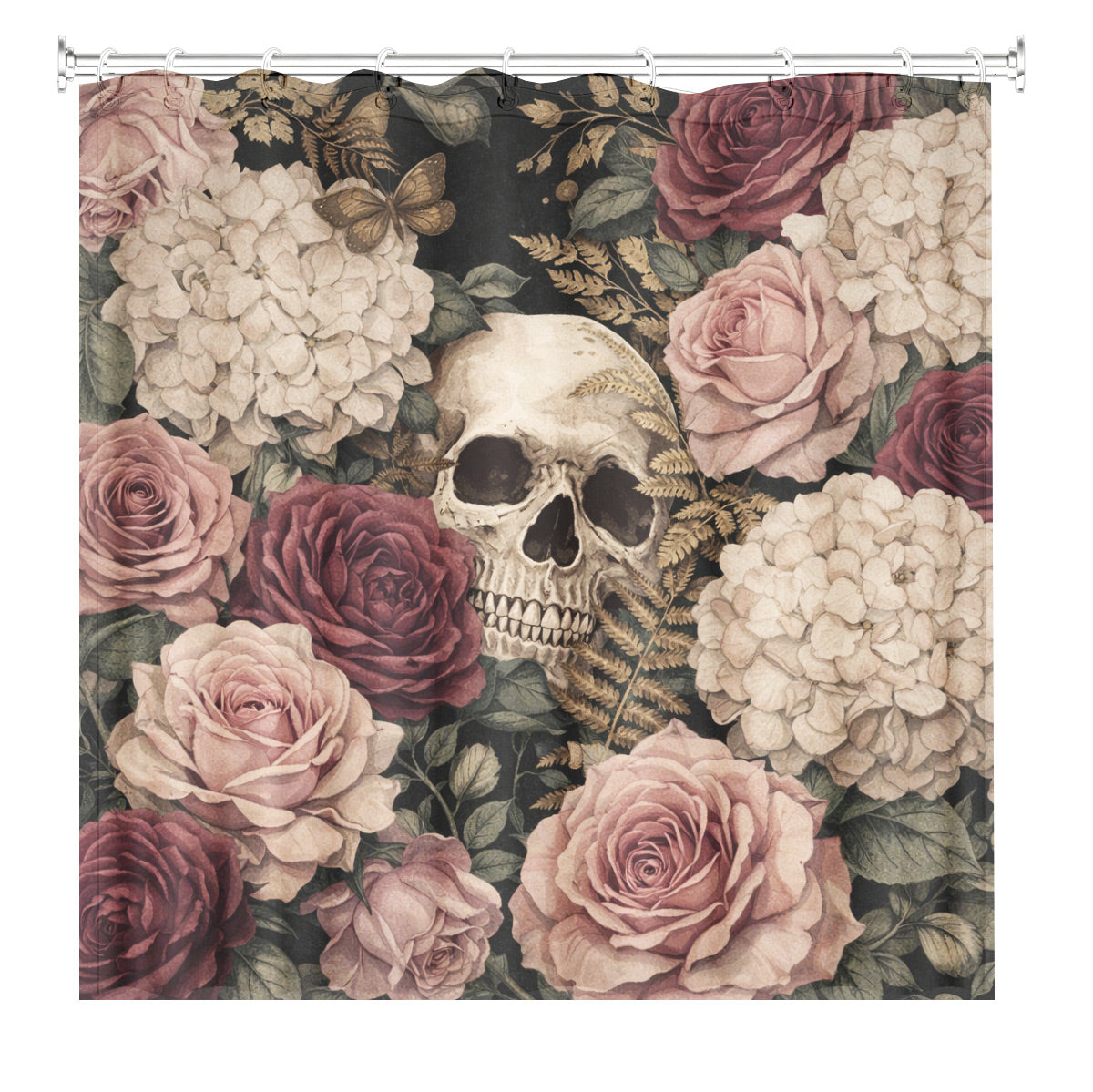 Vintage Skull Rose Shower Curtain Gothic Dark Academia Waterproof Decor