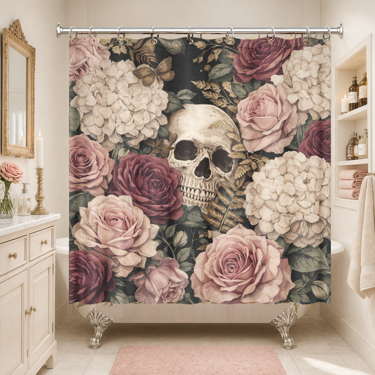 Vintage Skull Rose Shower Curtain Gothic Dark Academia Waterproof Decor