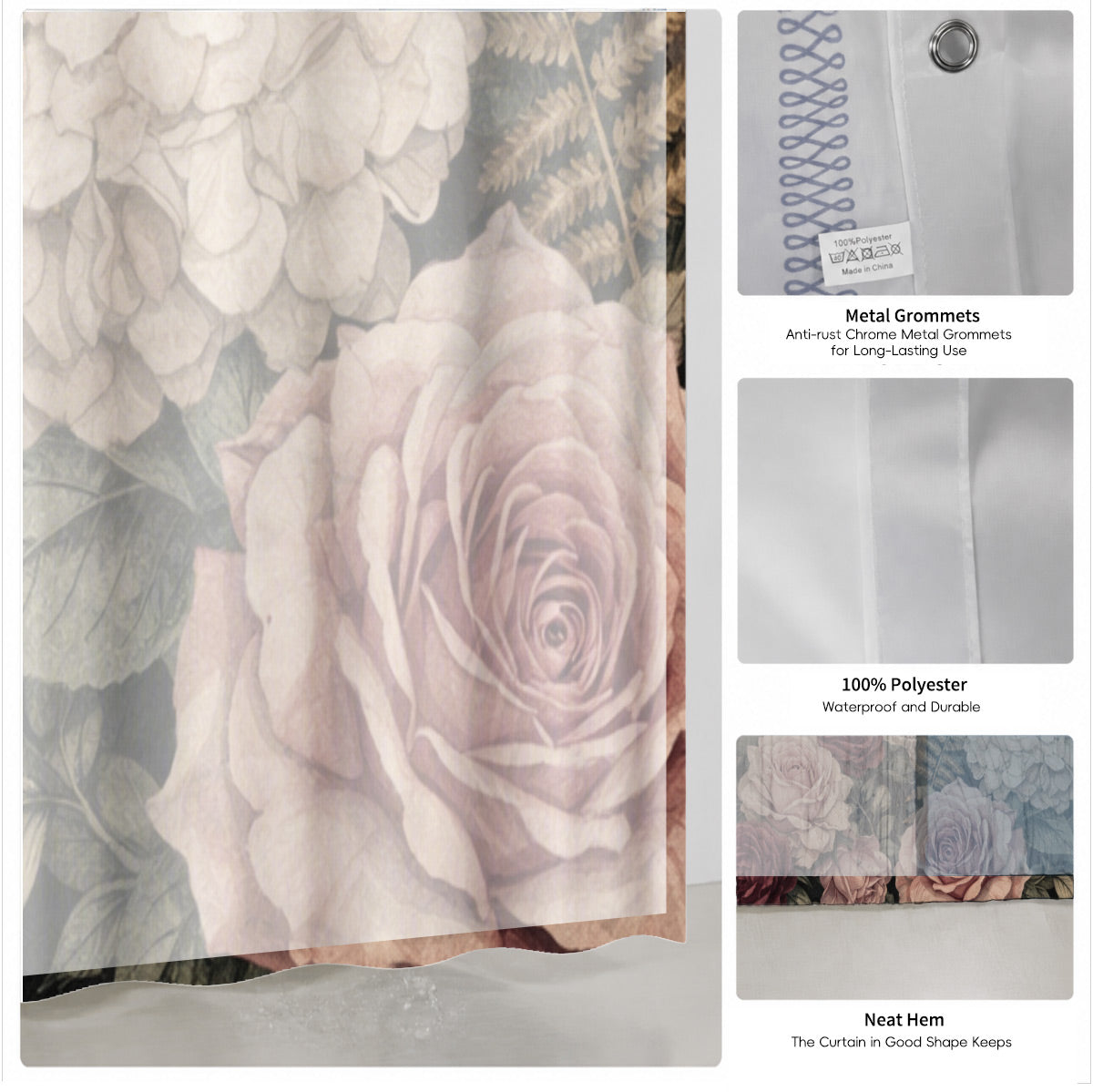 Vintage Skull Rose Shower Curtain Gothic Dark Academia Waterproof Decor