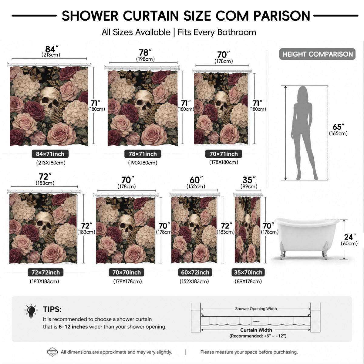 Vintage Skull Rose Shower Curtain Gothic Dark Academia Waterproof Decor