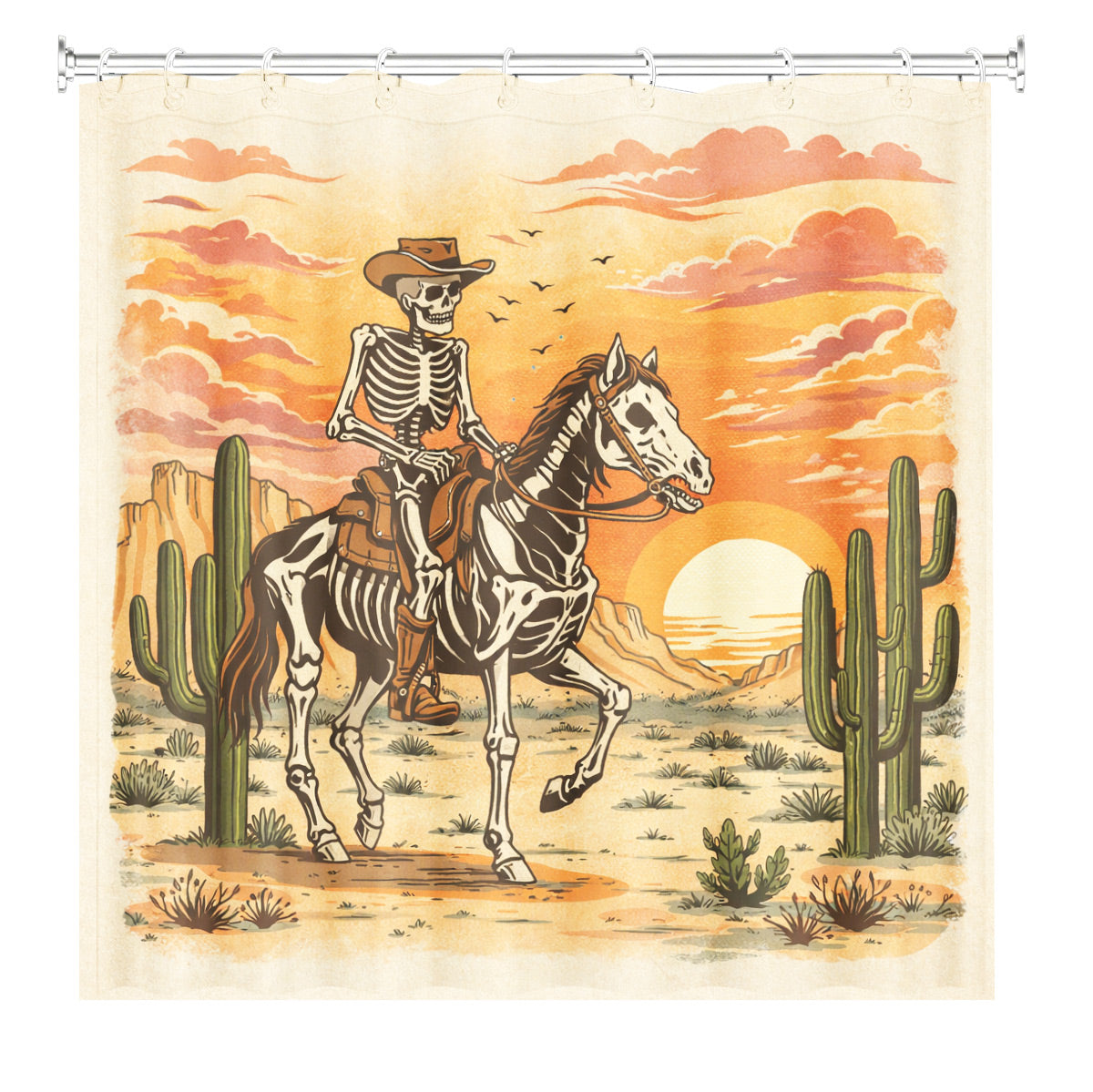 Skeleton Cowboy Western Shower Curtain Vintage Desert Waterproof Decor
