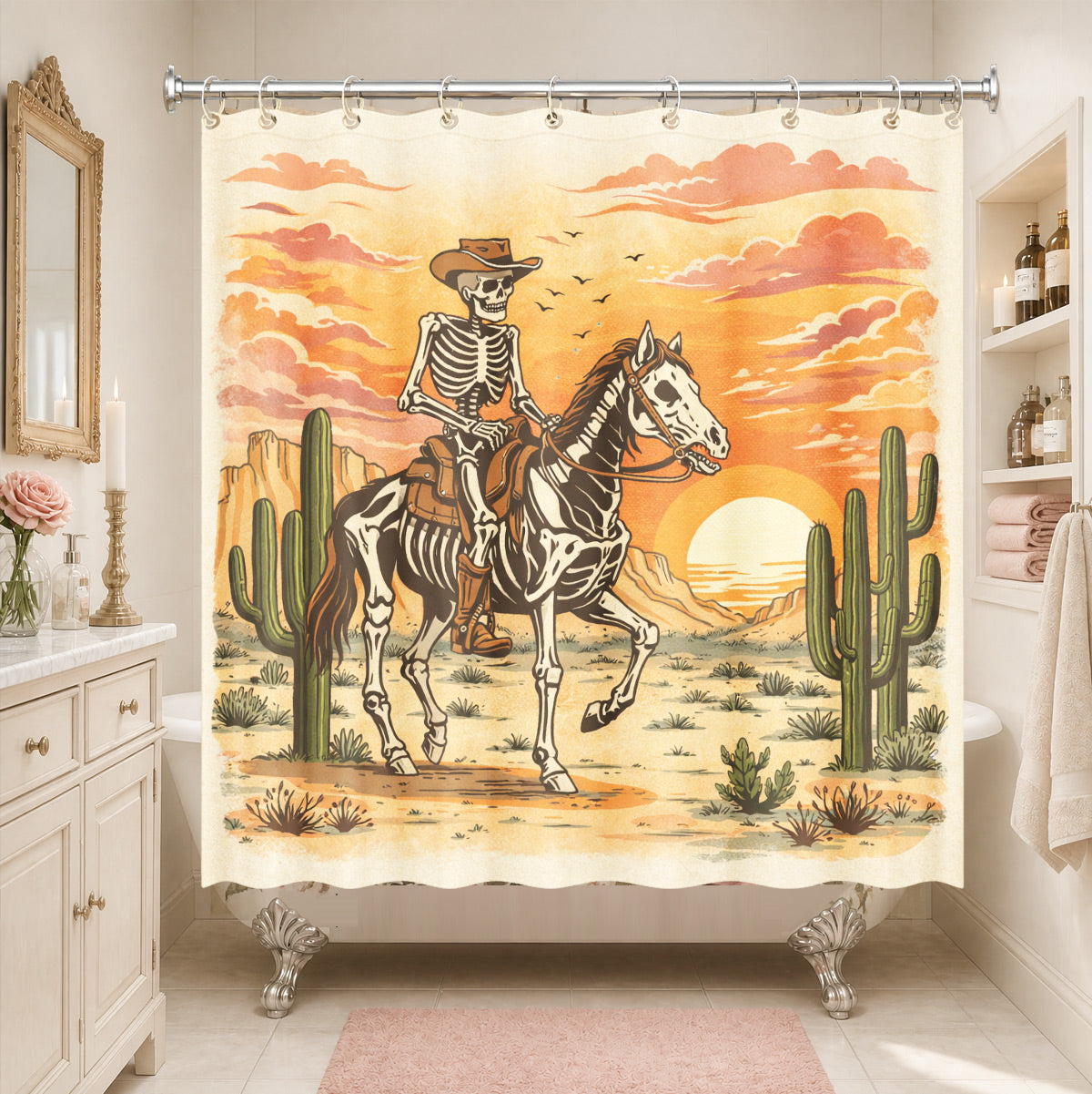 Skeleton Cowboy Western Shower Curtain Vintage Desert Waterproof Decor