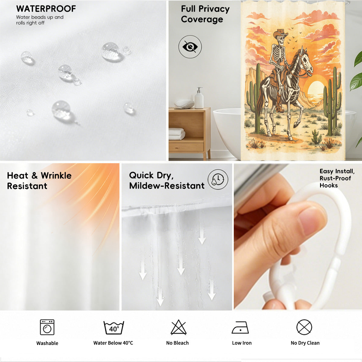 Skeleton Cowboy Western Shower Curtain Vintage Desert Waterproof Decor