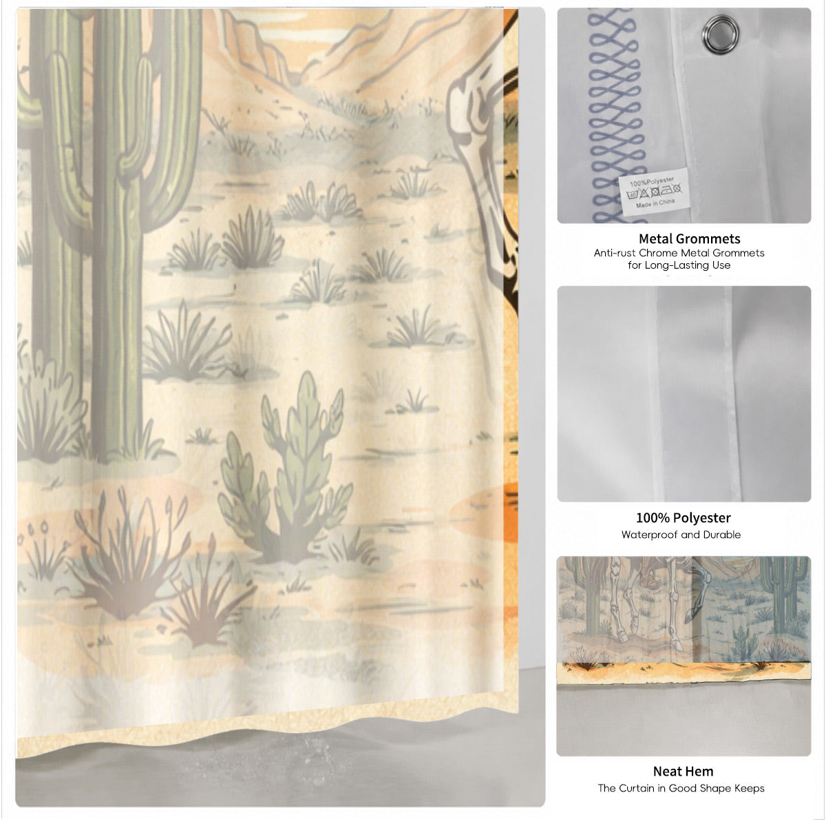 Skeleton Cowboy Western Shower Curtain Vintage Desert Waterproof Decor
