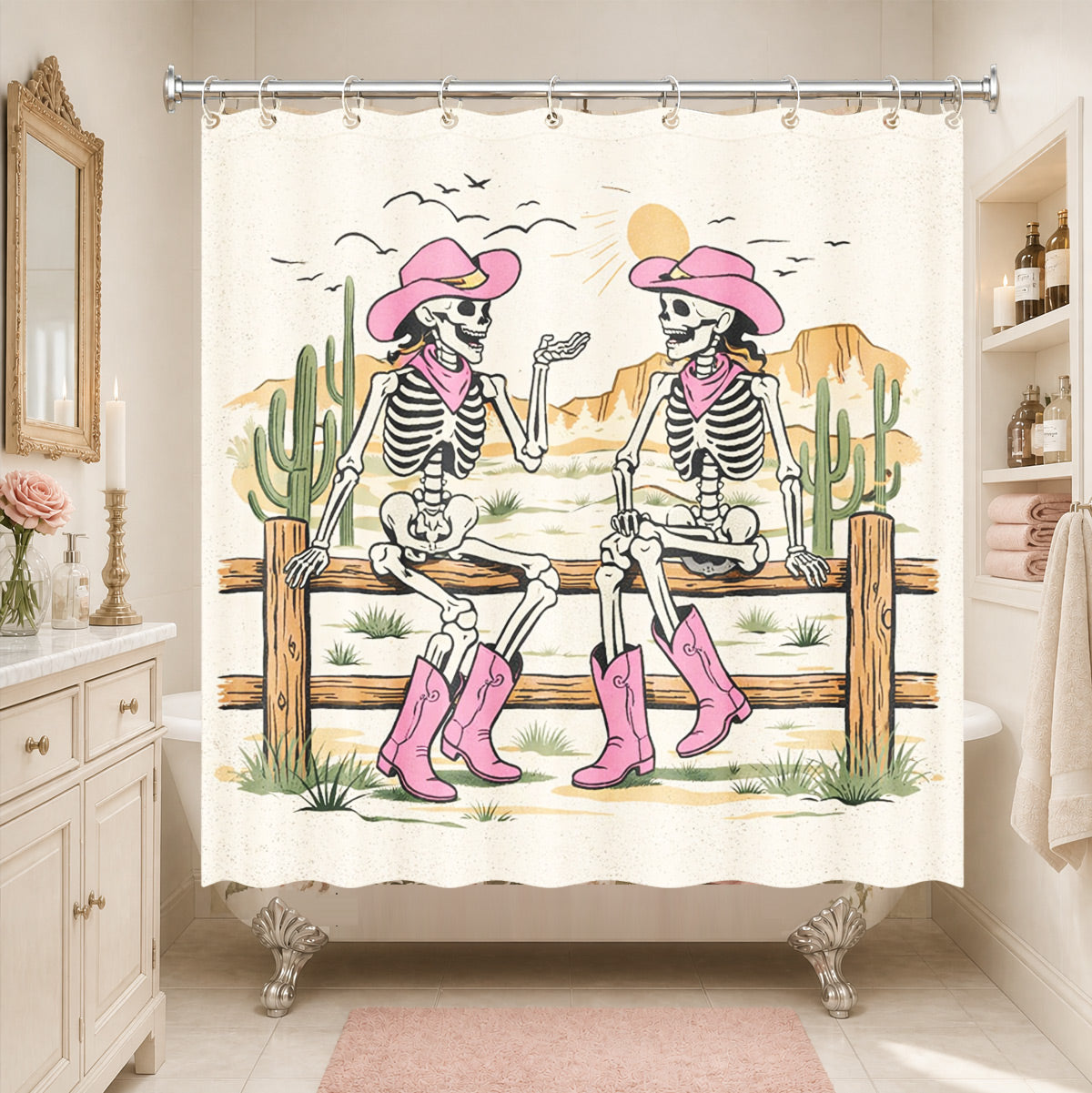 Skeleton Cowboy Western Shower Curtain Vintage Desert Waterproof Decor
