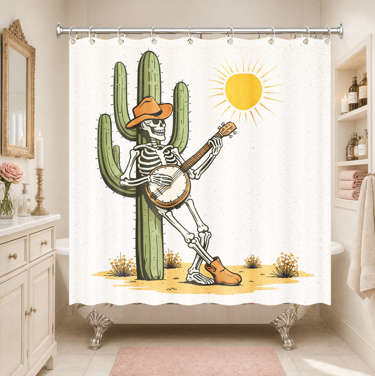 Skeleton Cowboy Western Shower Curtain Vintage Desert Waterproof Decor
