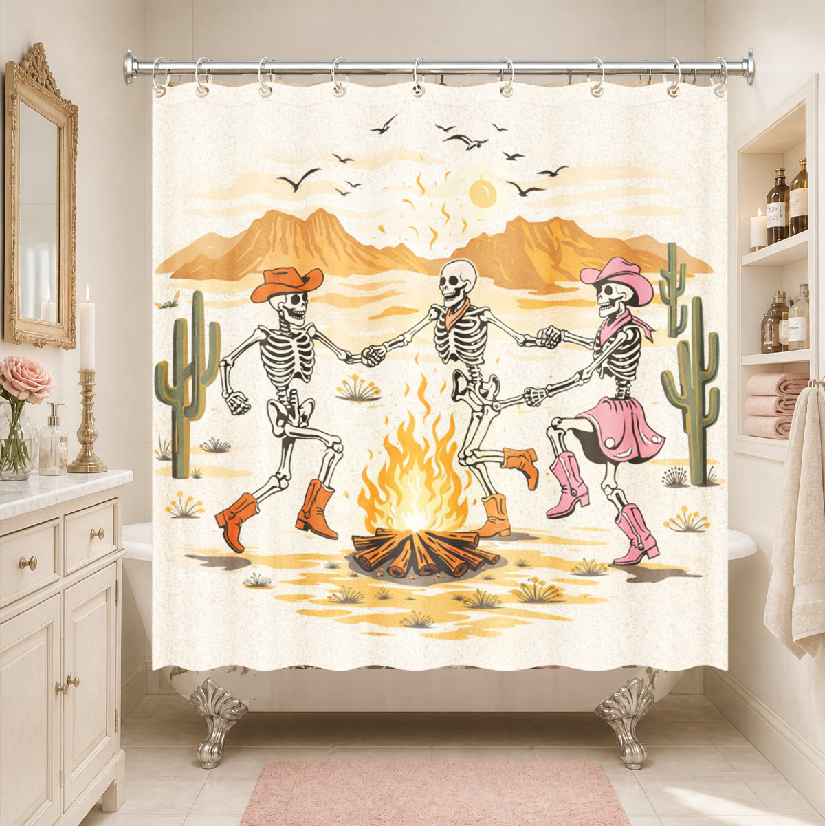 Skeleton Cowboy Western Shower Curtain Vintage Desert Waterproof Decor