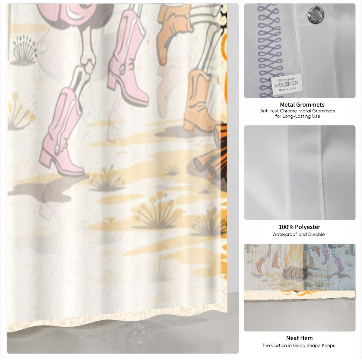 Skeleton Cowboy Western Shower Curtain Vintage Desert Waterproof Decor