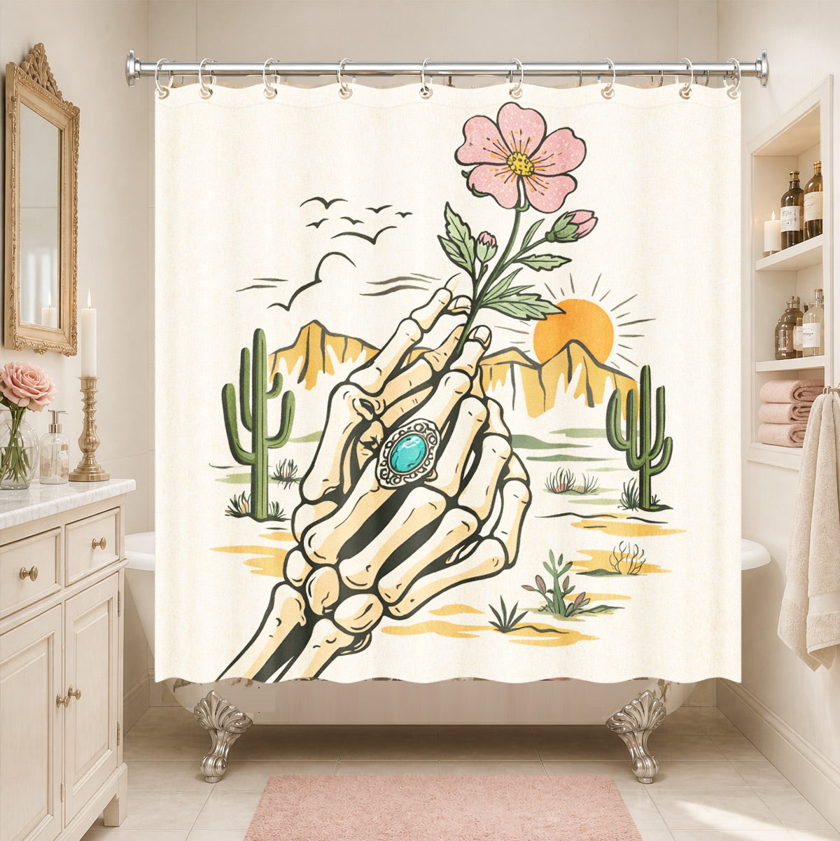 Skeleton Cowboy Western Shower Curtain Vintage Desert Waterproof Decor