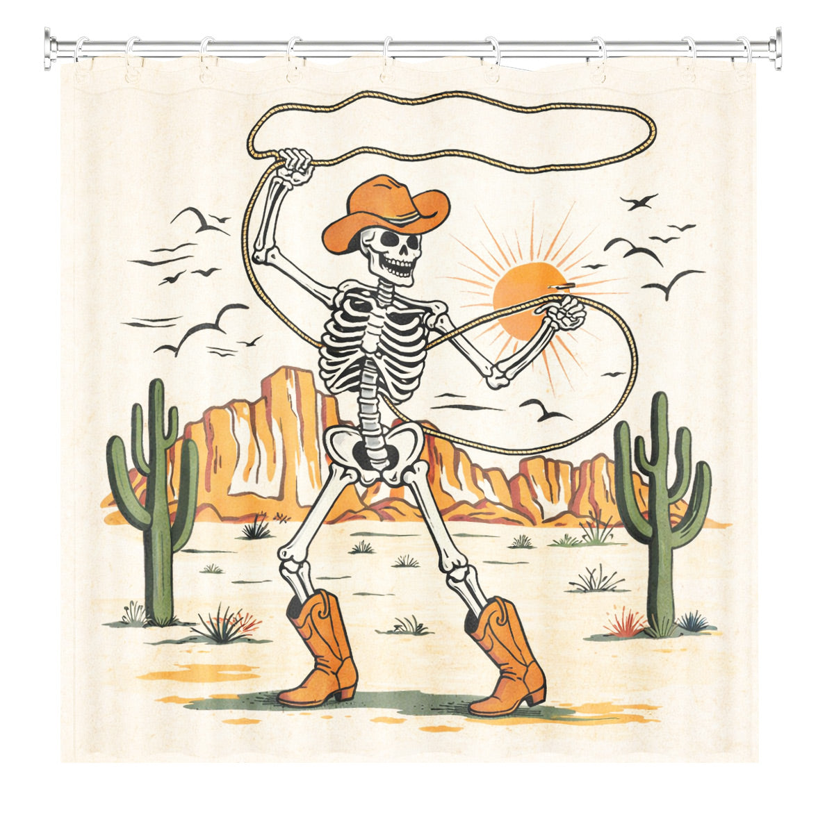 Skeleton Cowboy Western Shower Curtain Vintage Desert Waterproof Decor