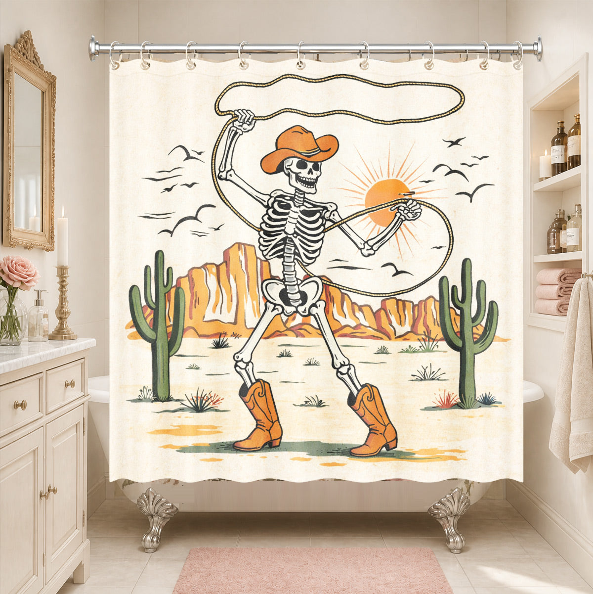 Skeleton Cowboy Western Shower Curtain Vintage Desert Waterproof Decor