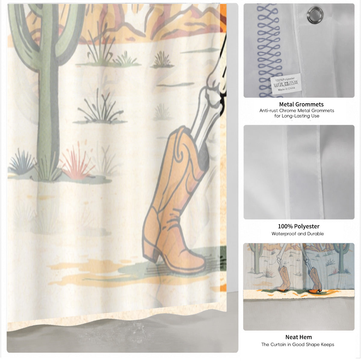 Skeleton Cowboy Western Shower Curtain Vintage Desert Waterproof Decor