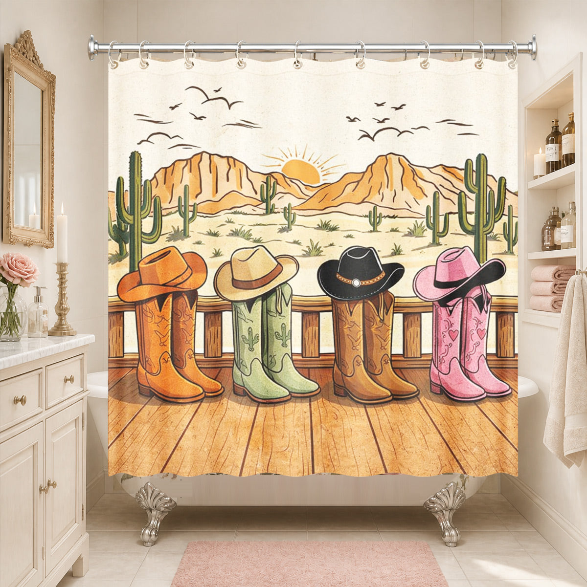 Skeleton Cowboy Western Shower Curtain Vintage Desert Waterproof Decor