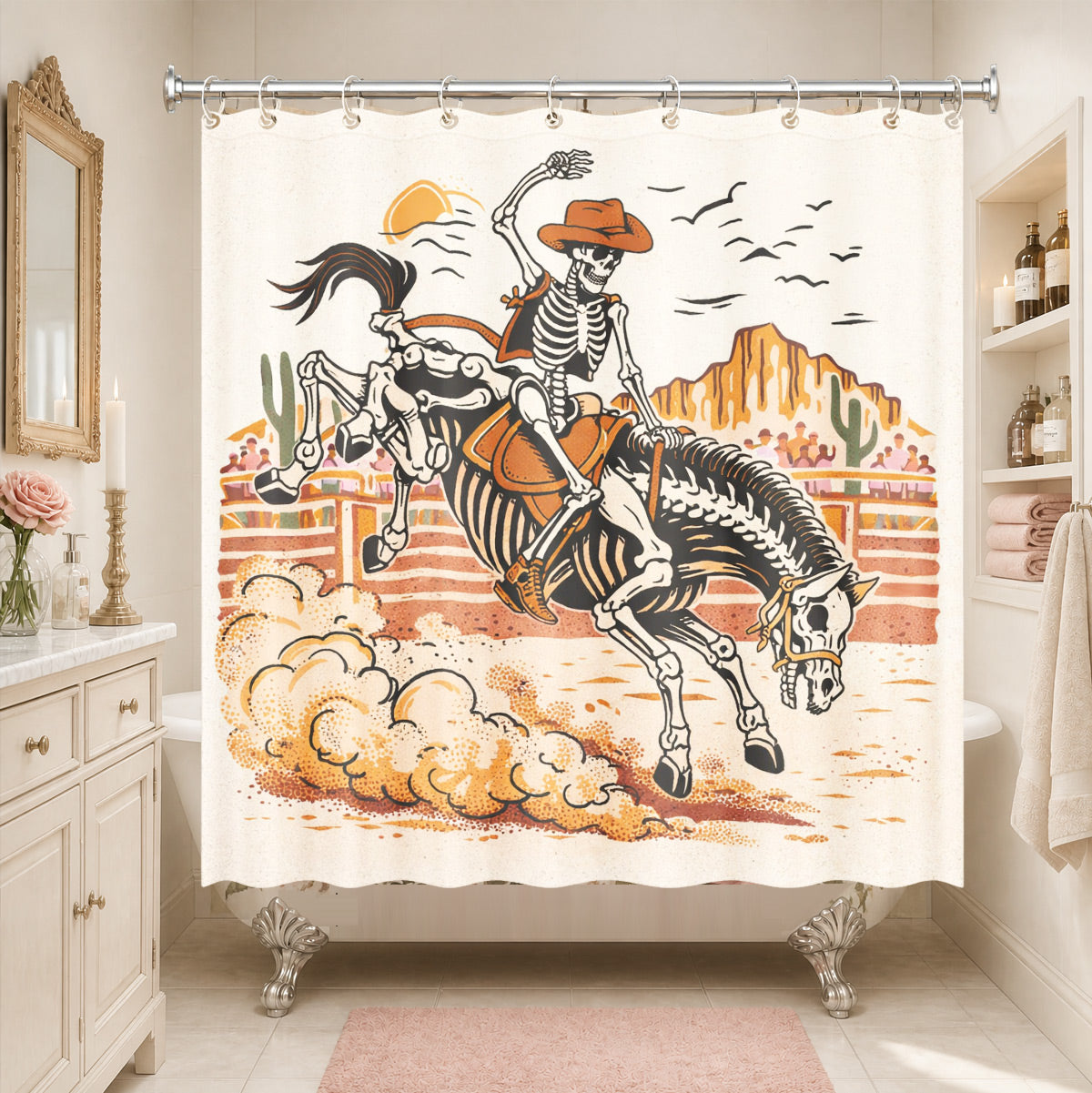 Skeleton Cowboy Western Shower Curtain Vintage Desert Waterproof Decor
