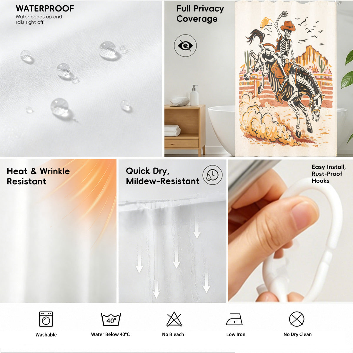 Skeleton Cowboy Western Shower Curtain Vintage Desert Waterproof Decor