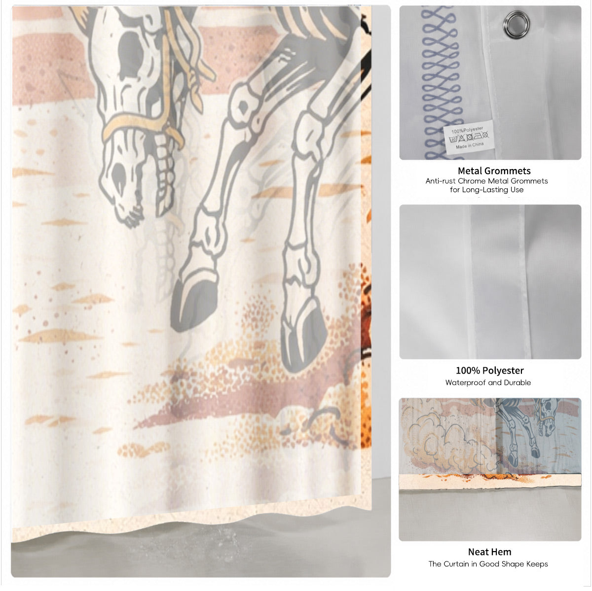 Skeleton Cowboy Western Shower Curtain Vintage Desert Waterproof Decor