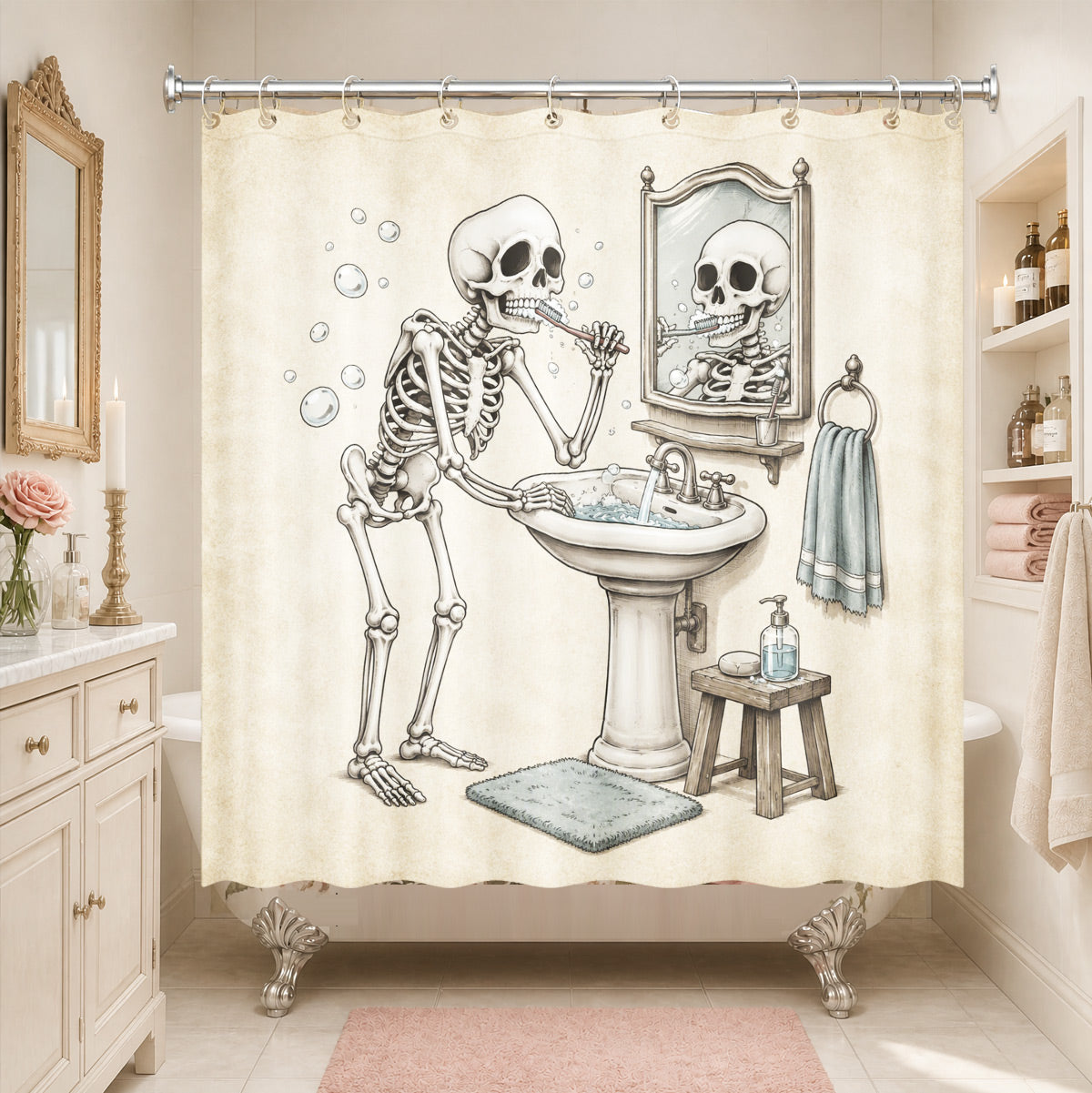 Vintage Skeleton Bathroom Shower Curtain Dark Humor Funny Bath Decor