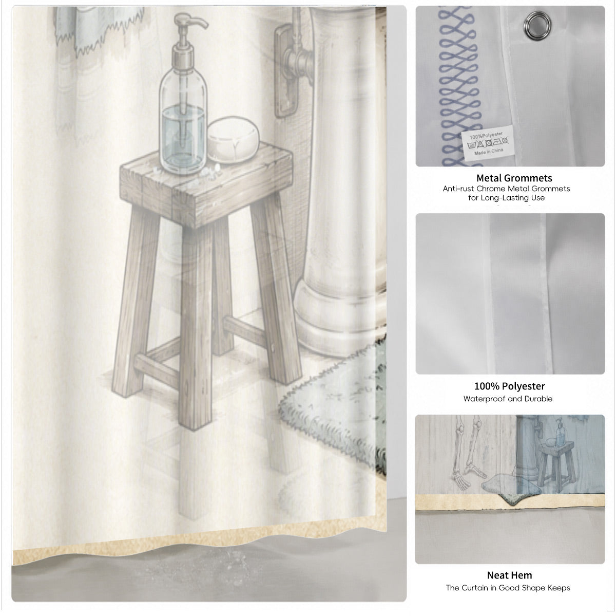 Vintage Skeleton Bathroom Shower Curtain Dark Humor Funny Bath Decor