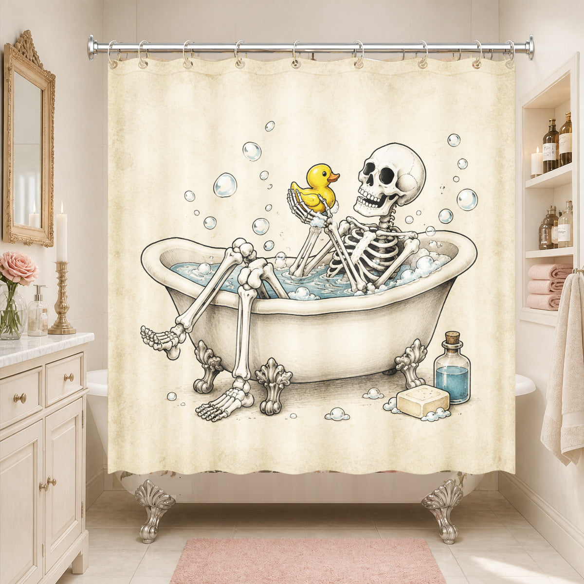 Vintage Skeleton Bathroom Shower Curtain Dark Humor Funny Bath Decor