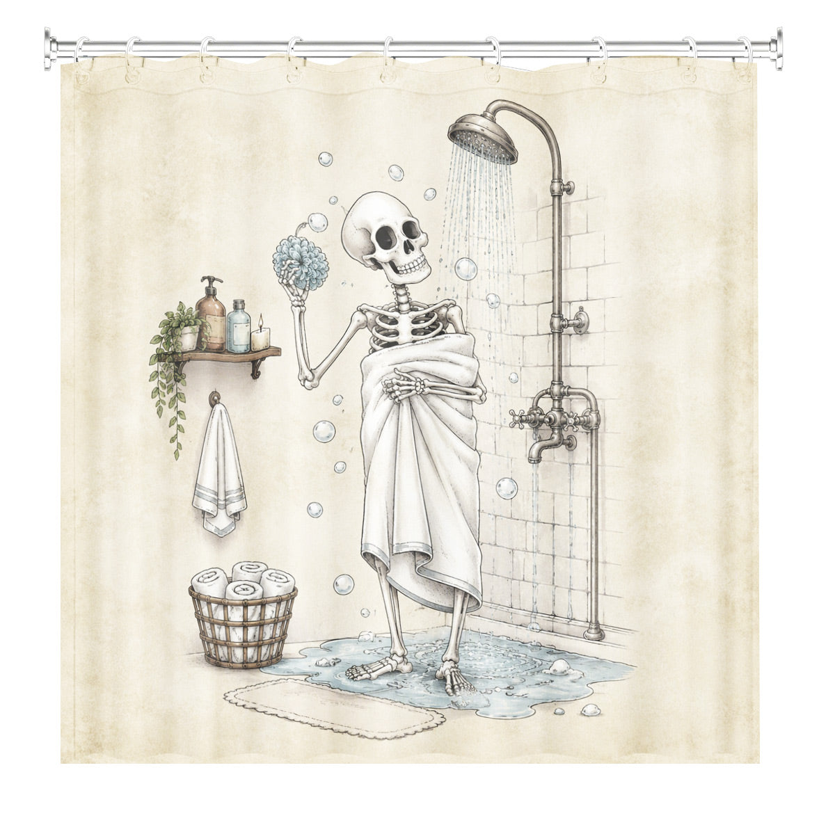 Vintage Skeleton Bathroom Shower Curtain Dark Humor Funny Bath Decor
