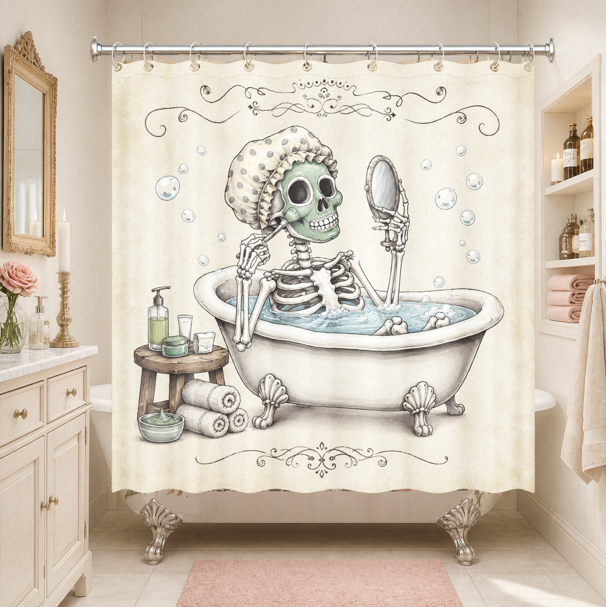 Vintage Skeleton Bathroom Shower Curtain Dark Humor Funny Bath Decor