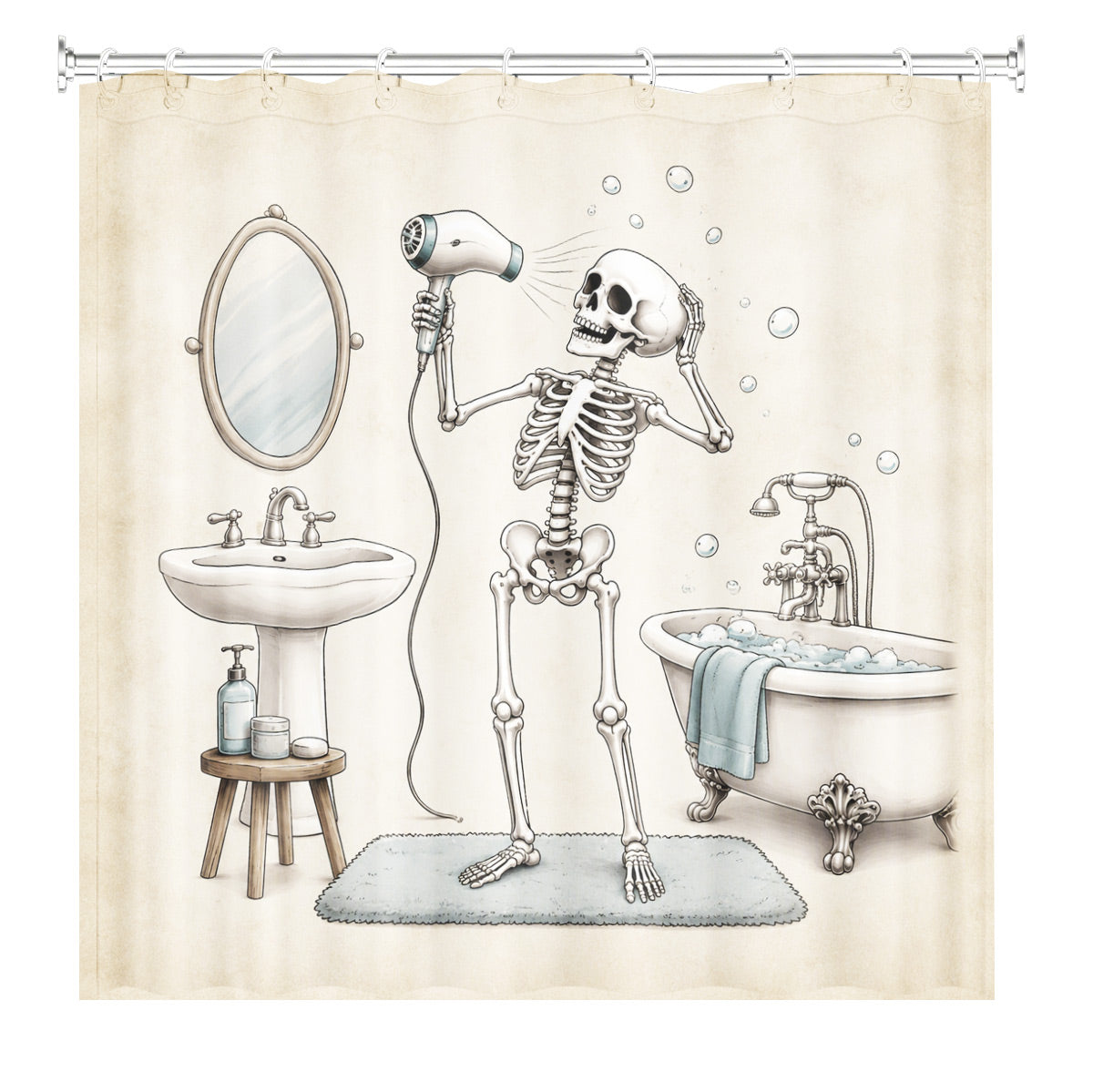 Vintage Skeleton Bathroom Shower Curtain Dark Humor Funny Bath Decor