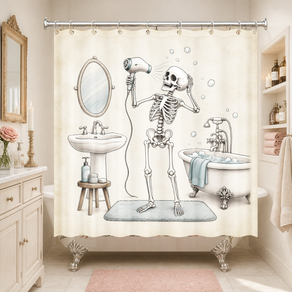 Vintage Skeleton Bathroom Shower Curtain Dark Humor Funny Bath Decor