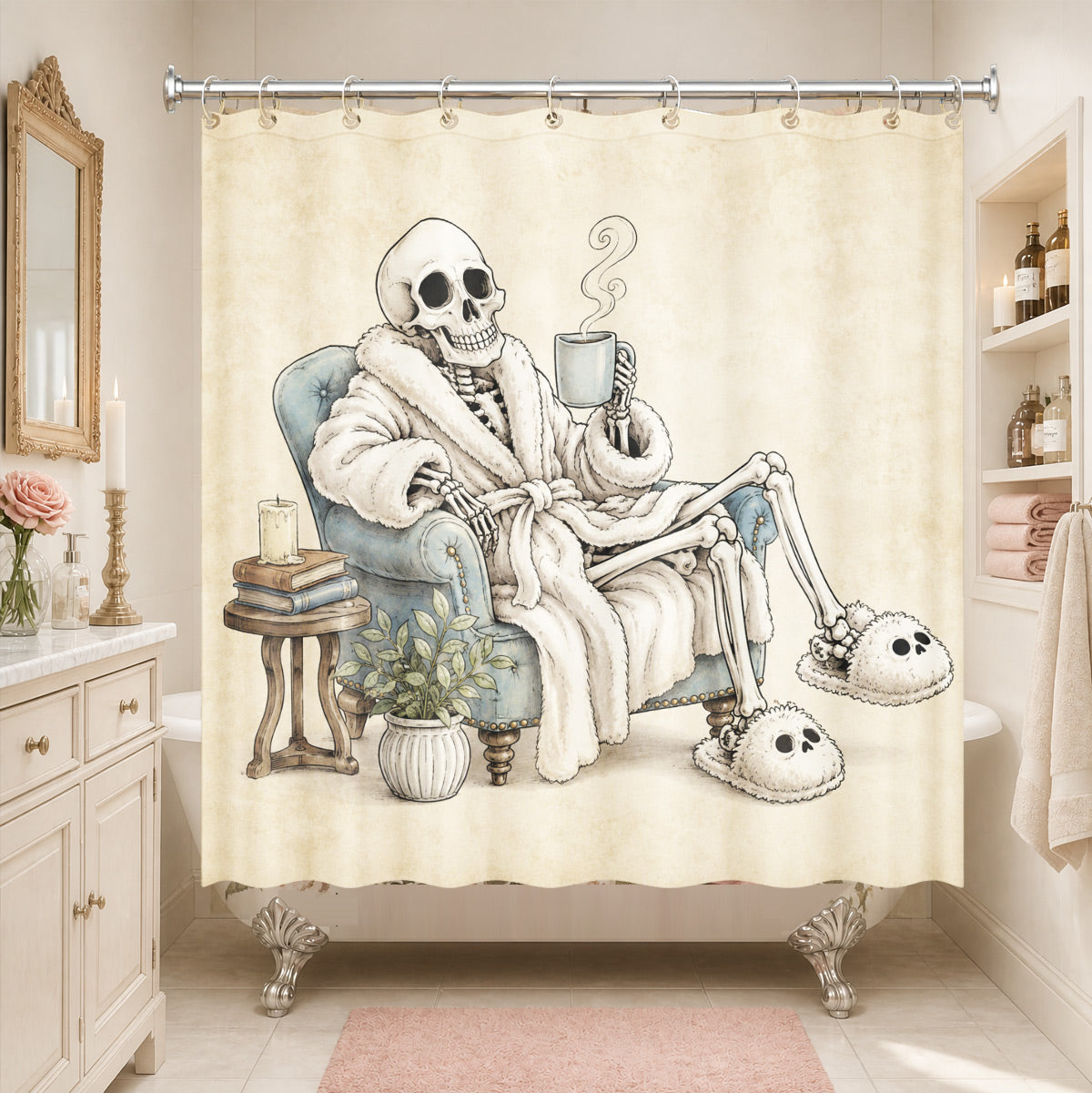Vintage Skeleton Bathroom Shower Curtain Dark Humor Funny Bath Decor